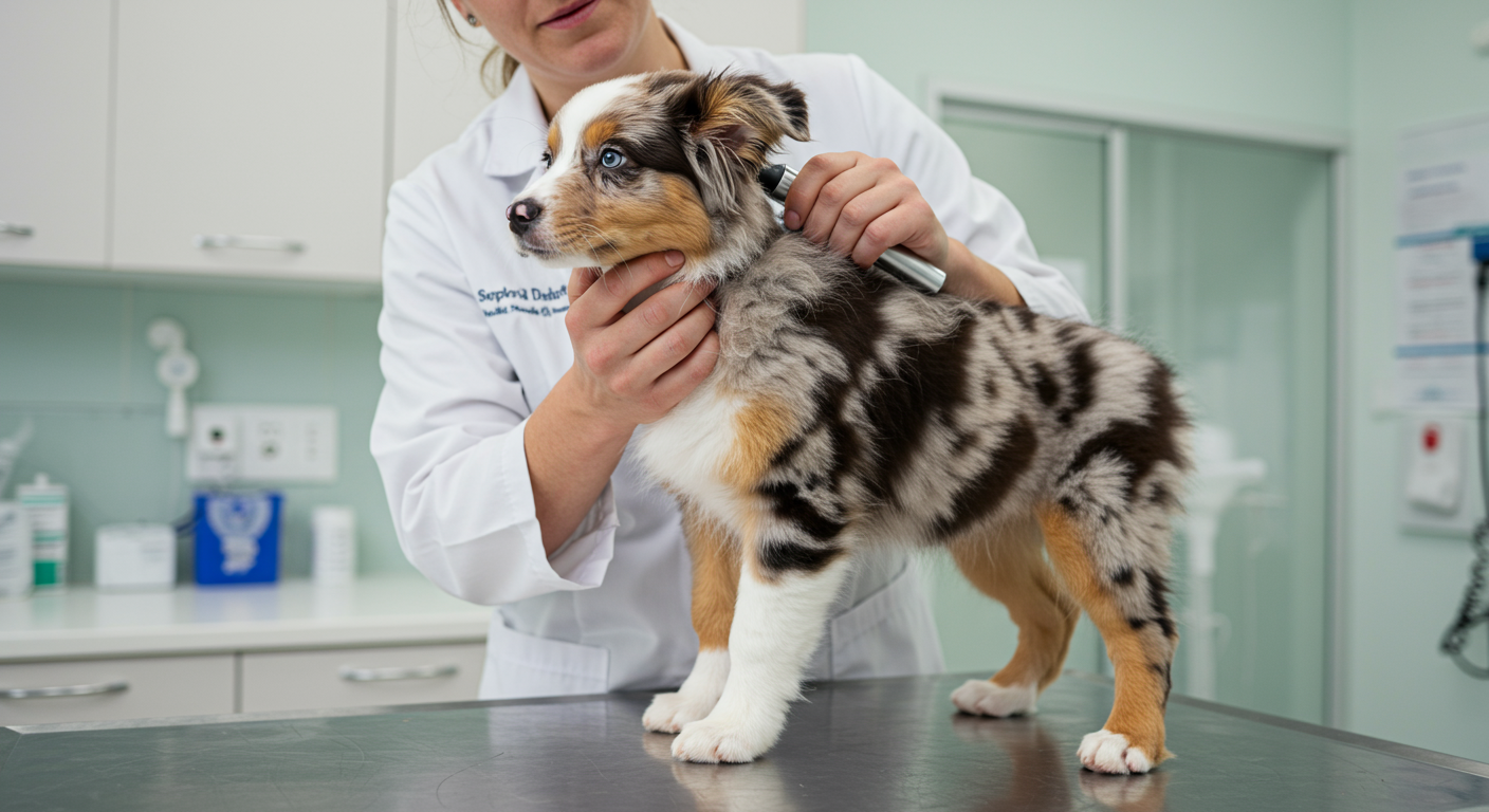 Merle Australian Shepherd puppy being examined by a veterinarian during a routine health check