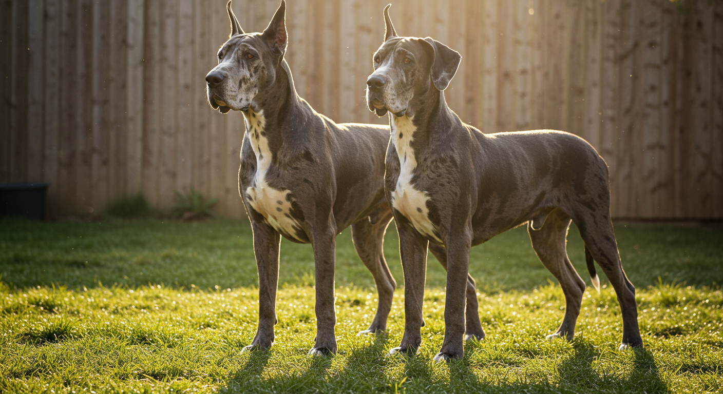 Two merle Great Dane adult dogs side by side in a breeder's yard showing dramatic coat patterns