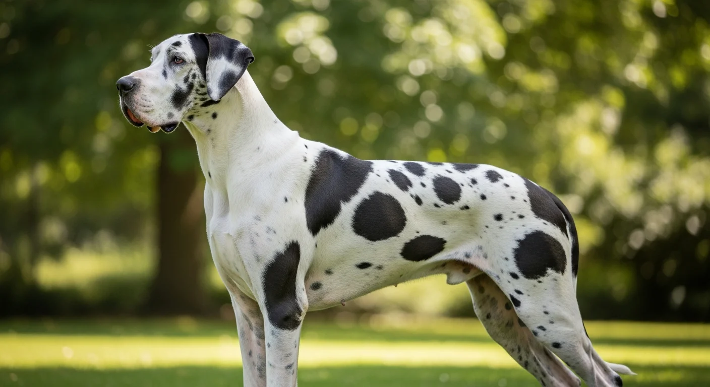 Harlequin Great Dane showing the distinctive black patches on white coat pattern