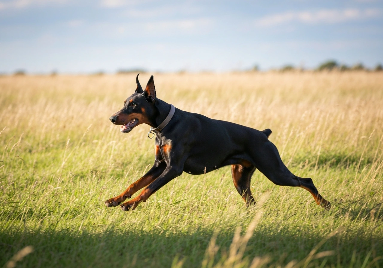 Dobermann moving in profile showing coat and gait