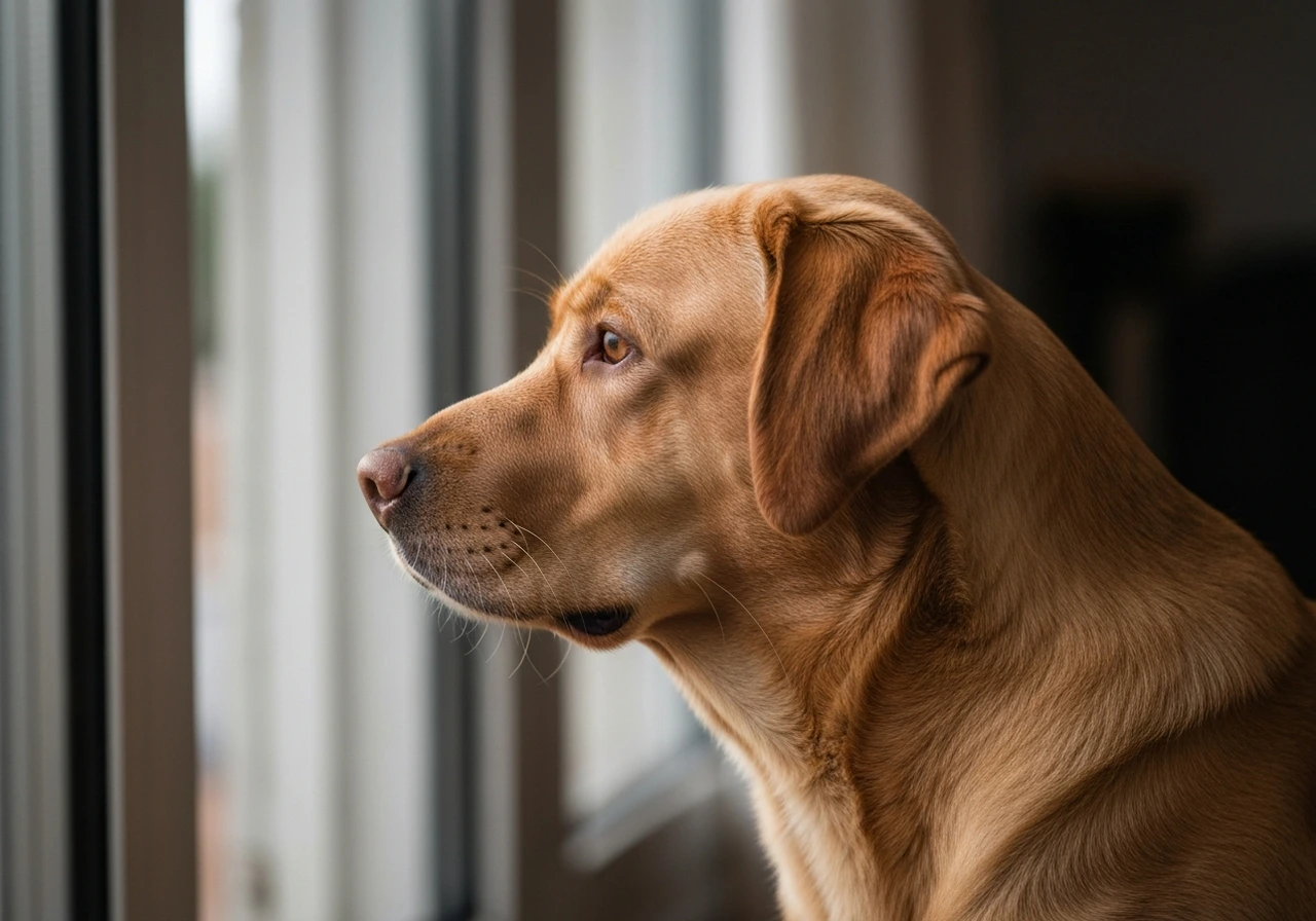 Labrador Retriever beside a printed medication leaflet