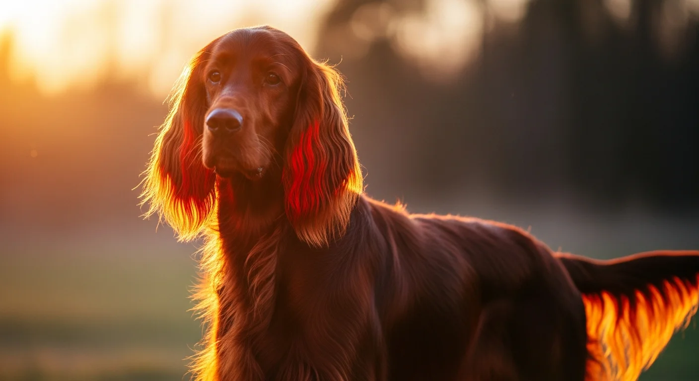 Deep mahogany red Irish Setter showing maximum phaeomelanin intensity expression