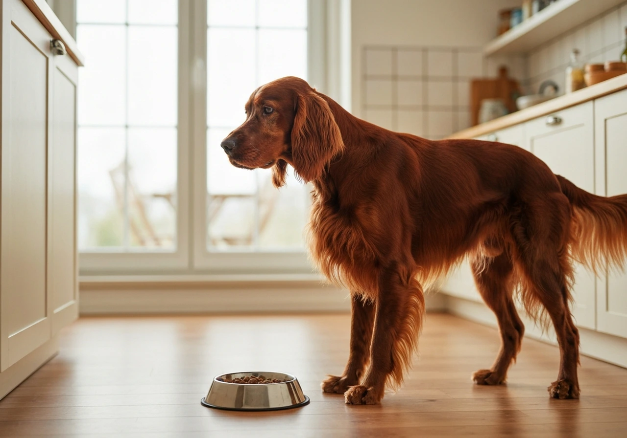 Setter Anglais with food bowl